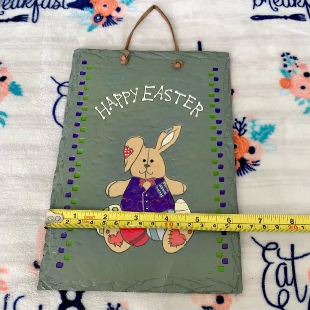 VTG Rustic Stone Happy Easter Cute Stitched Rabbit Stoneware Wall Art